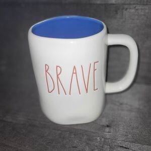 Rae Dunn  “BRAVE” coffee mug white / red, blue Interior